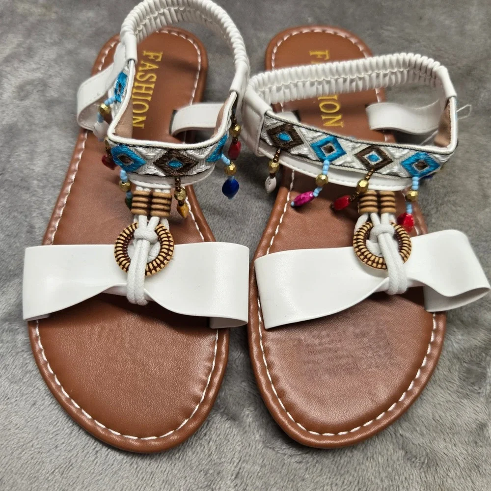 Fashion Kids White Boho Beaded Bow Sandals Elastic Slingback Flat Shoes Size 34